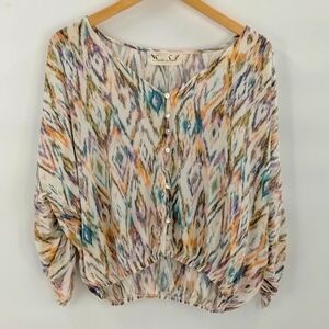 Santa Sofia button crop top multicolor tribal print medium to large cinch sleeve